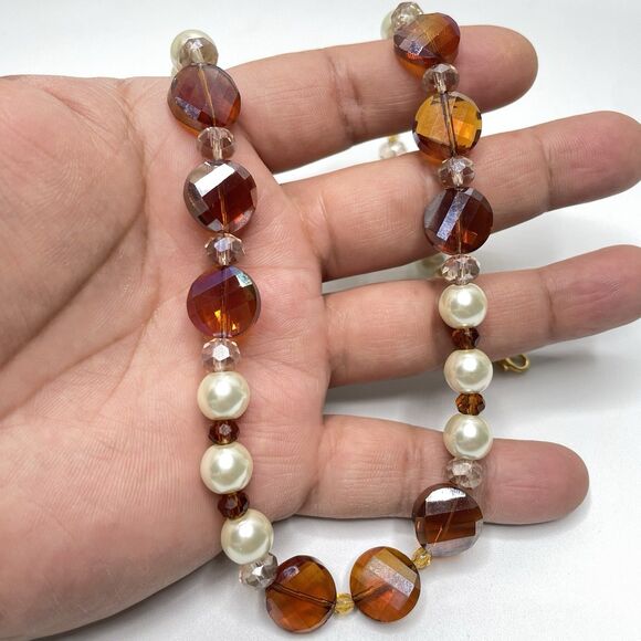Artisan Amber Color Glass White Faux Pearl Beaded Necklace Earrings Set Stunning - Picture 7 of 8